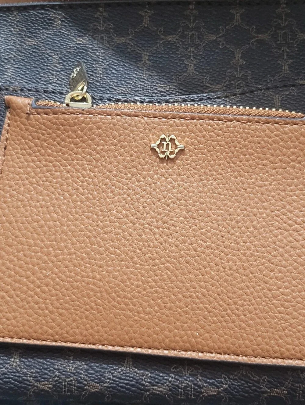 Nanette Lepore Brown and Tan Monogram Crossbody with Gold Chain Accent 10x7